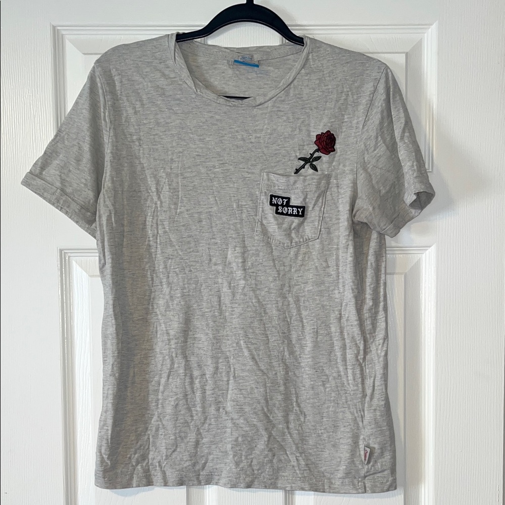 Gray Pocket T-Shirt with Rose Patch
